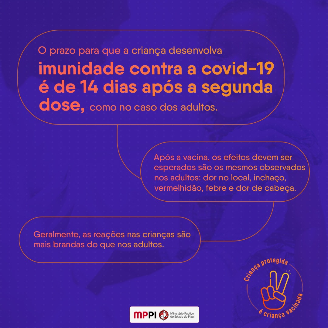 Cores presentes na imagem: lilás, laranja, verde, azul, branco, preto e vermelho. Frases: Criança protegida é criança vacinada; #vacinassalvamvidas;contra covid-19; E a logo do MPPI.