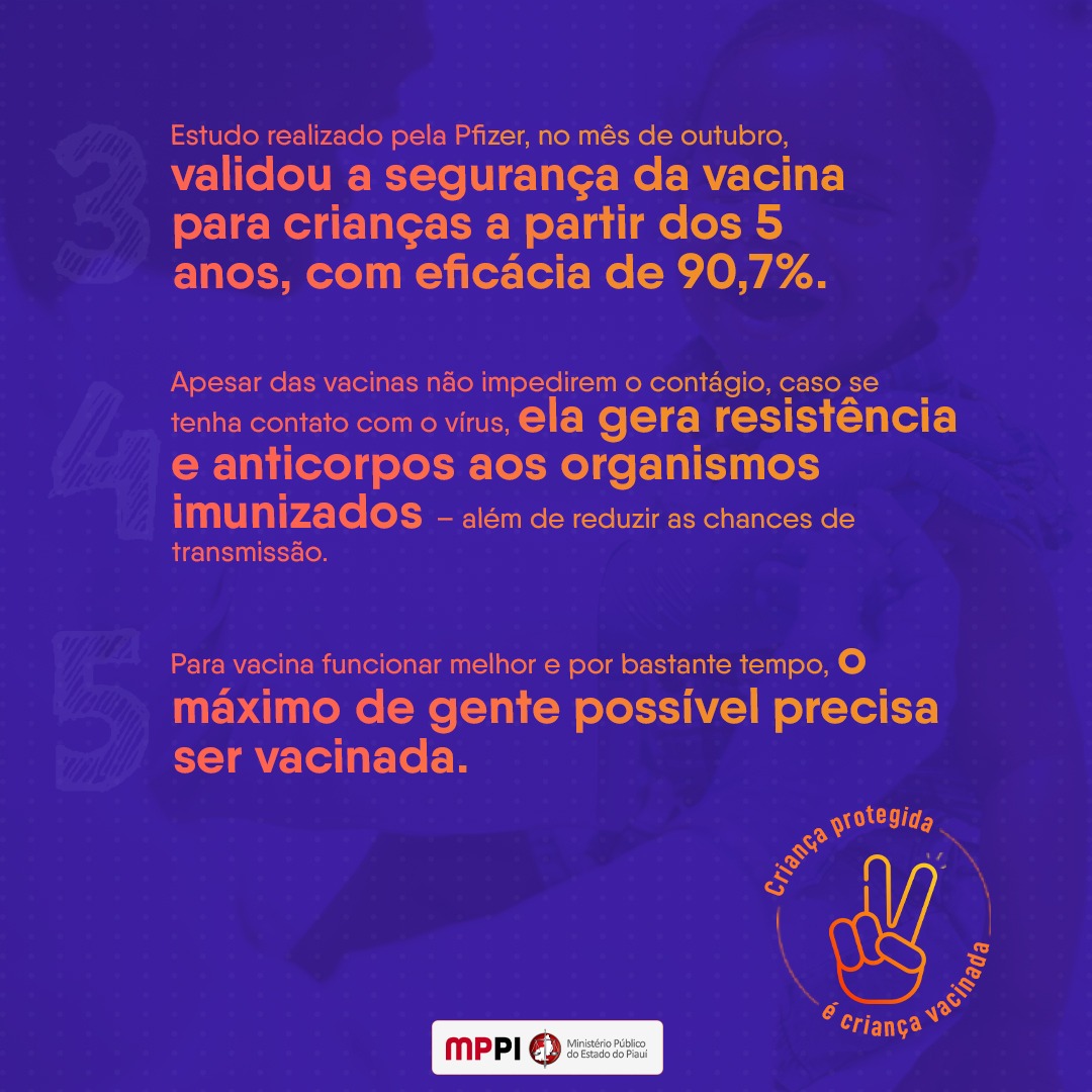 Cores presentes na imagem: lilás, laranja, verde, azul, branco, preto e vermelho. Frases: Criança protegida é criança vacinada; #vacinassalvamvidas;contra covid-19; E a logo do MPPI.